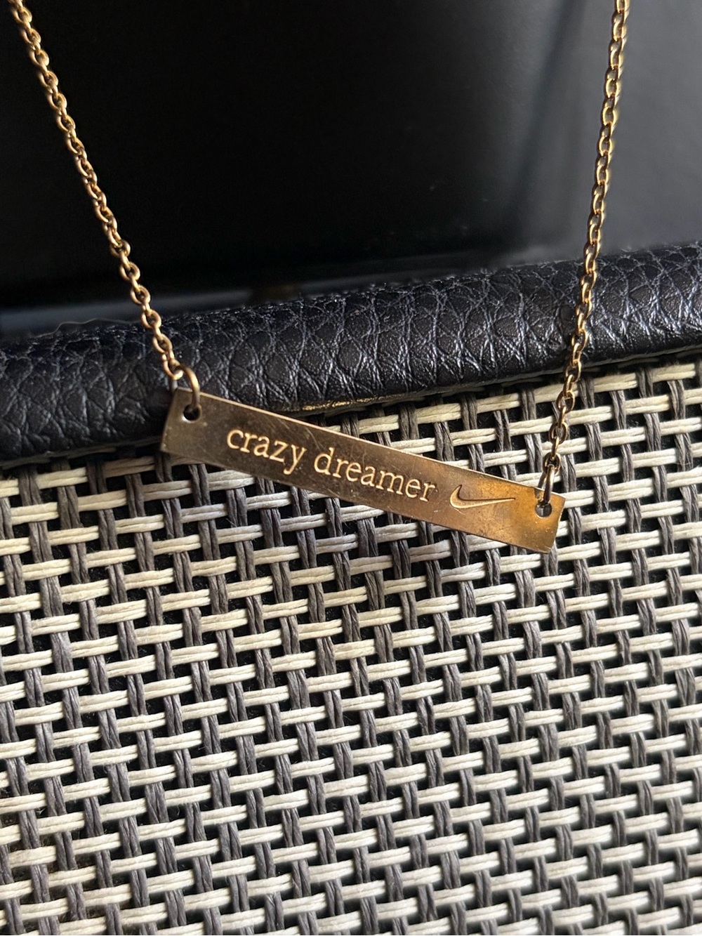 Nike Gold Bar Necklace with 'crazy dreamer' Engraving